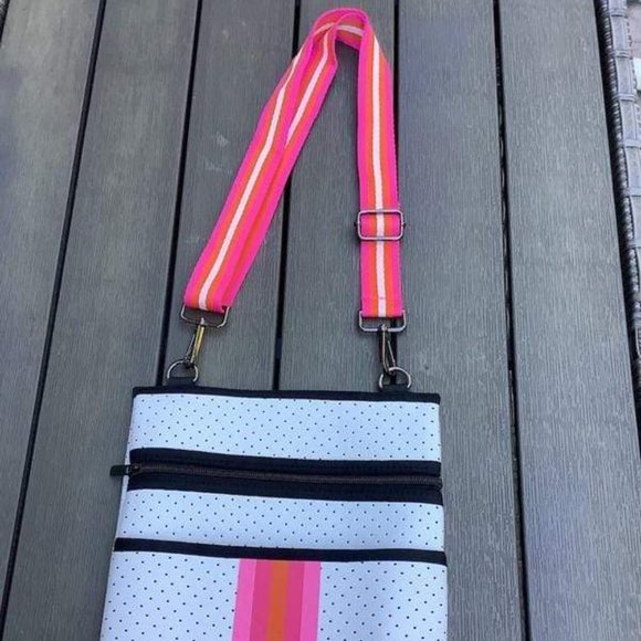 White Neoprene Crossbody with Pink & Orange Stripe - Picture 3 of 3